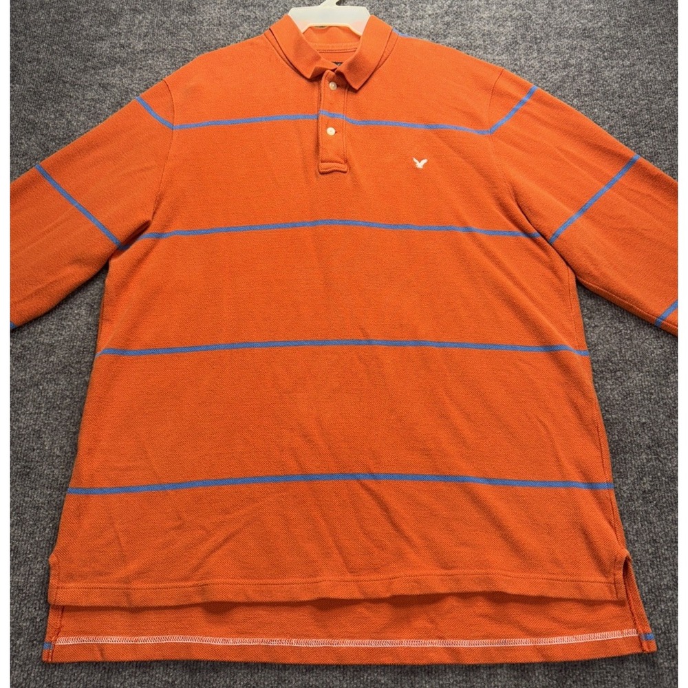 VTG American Eagle The Eagle Polo Shirt Men's Orange Striped Long Sleeve Sz 2XL